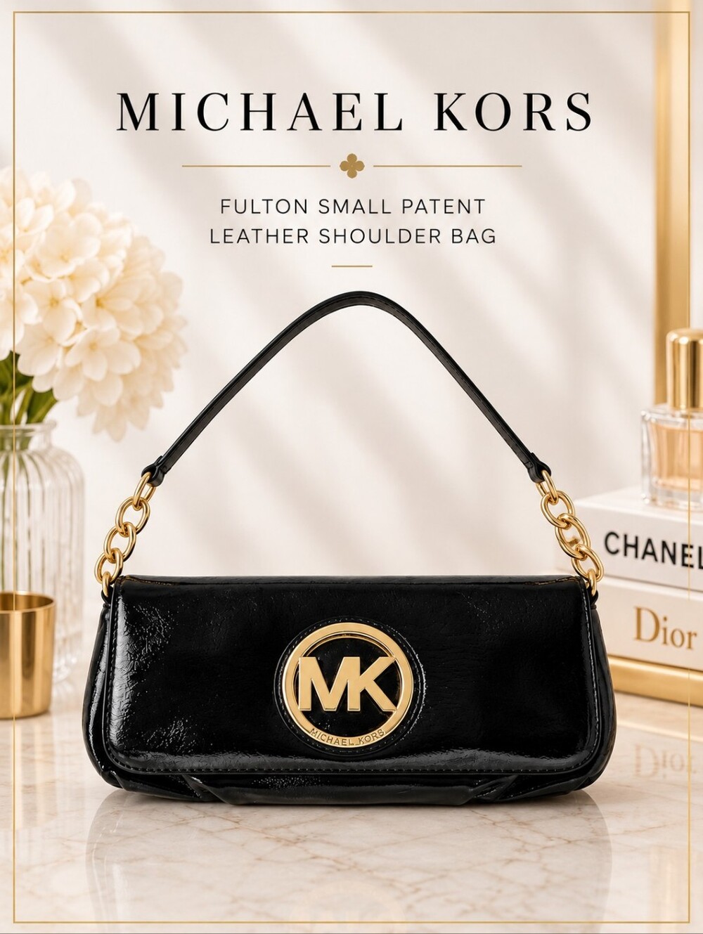 Michael Kors Fulton Genuine Patent Leather Shoulder Bag | Black & Gold MK Logo
